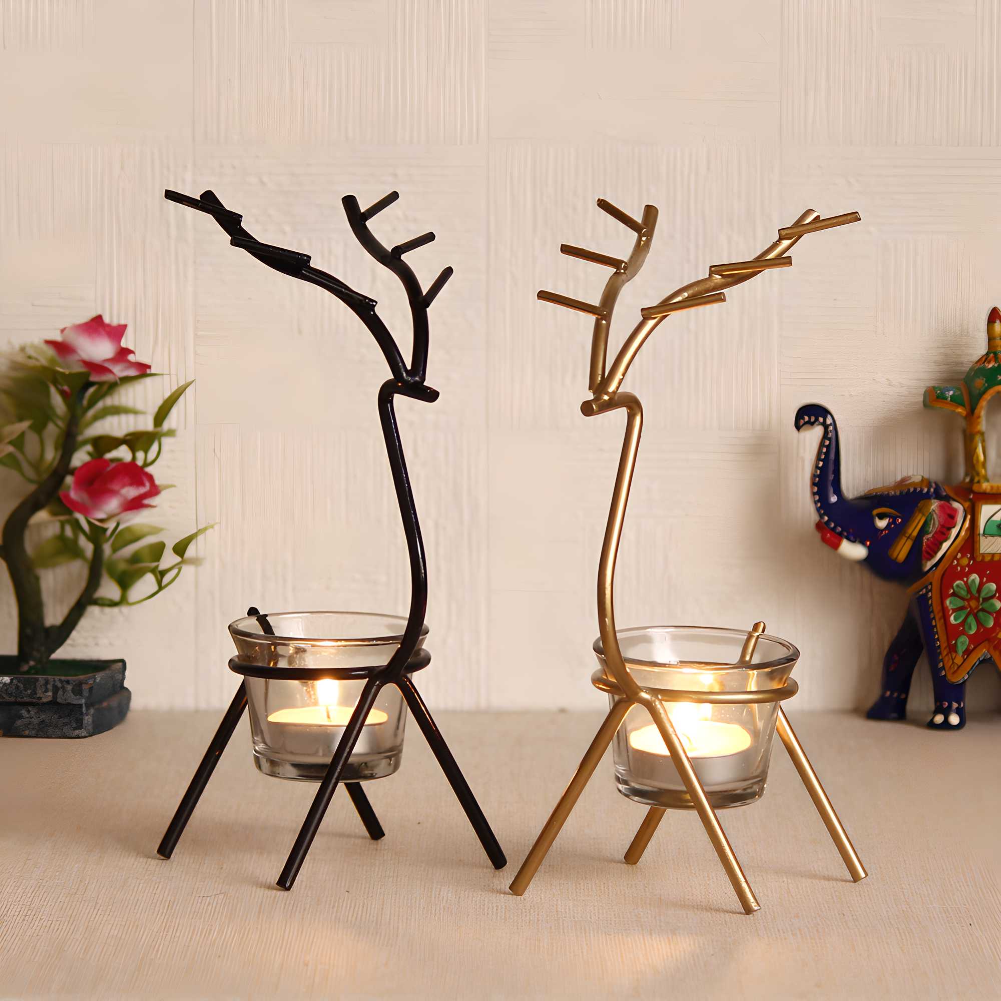 Deer Shape Decorative Handcrafted Metal Tea Light Holder Set of 2