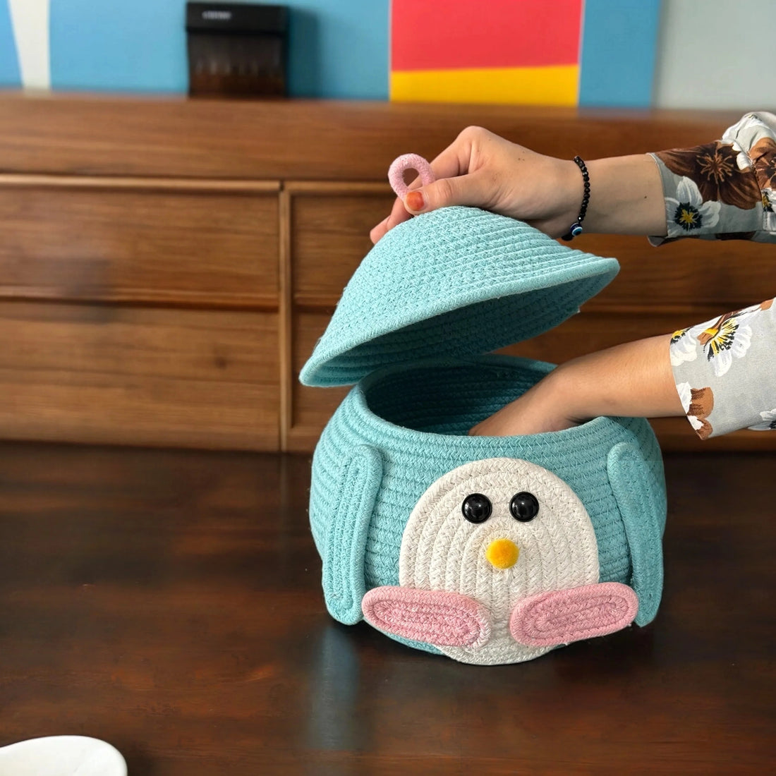 Penguin Shaped Storage Basket Rope Woven Basket With Lid-what_a_shop